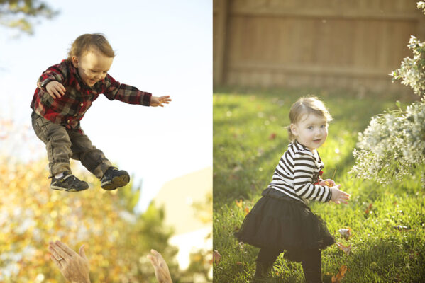 Two Kids one on the left being thrown up in the air and one on the right playing outside