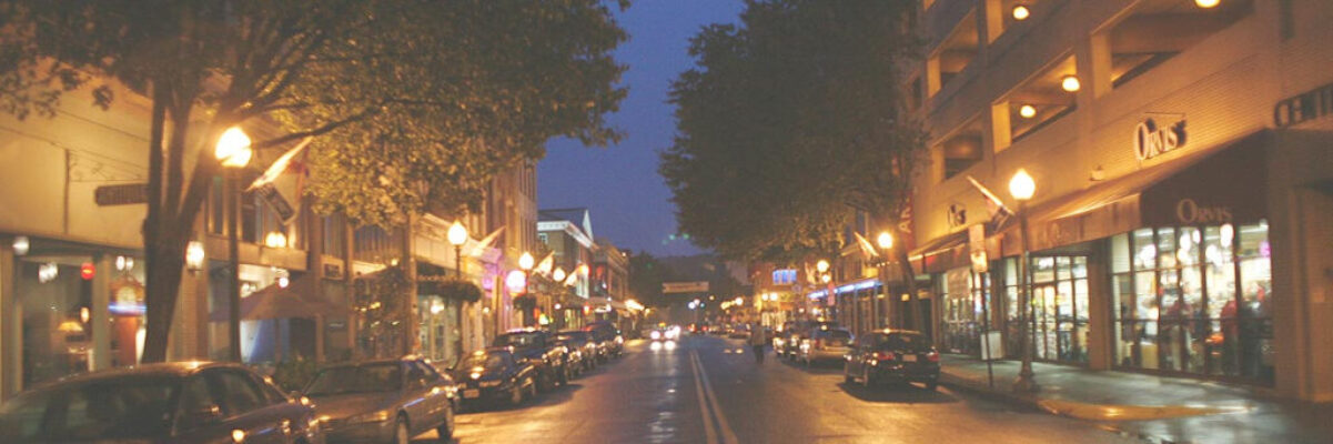 A night time photo of Downtown Roanoke, Virginia