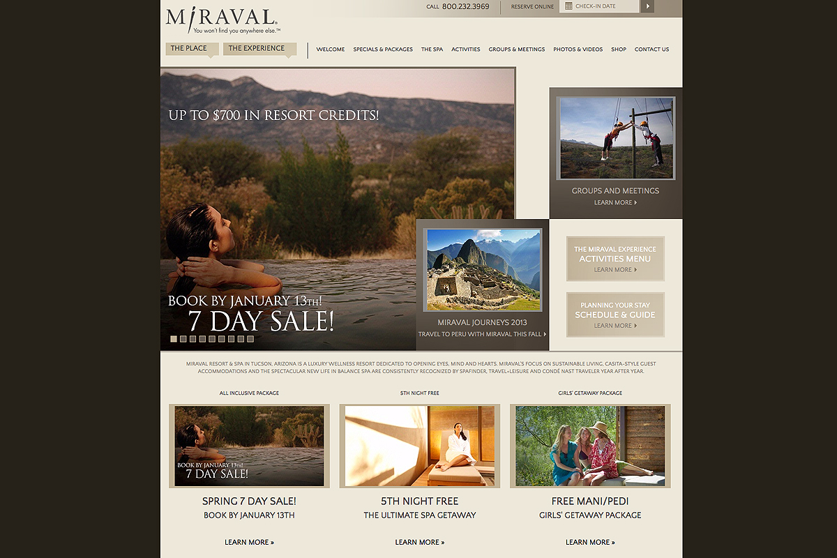 A screenshot of the Miraval Resort & Spa website