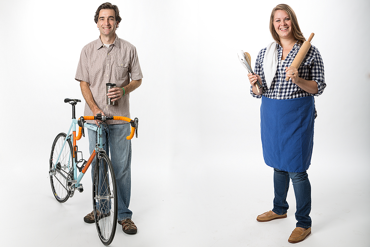 Lifestyle image of a man with a bicycle and woman as a chef.