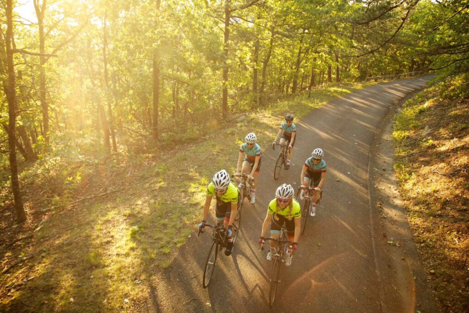 Group of cyclists riding through a sunlit forest on a paved trail during an early morning ride.