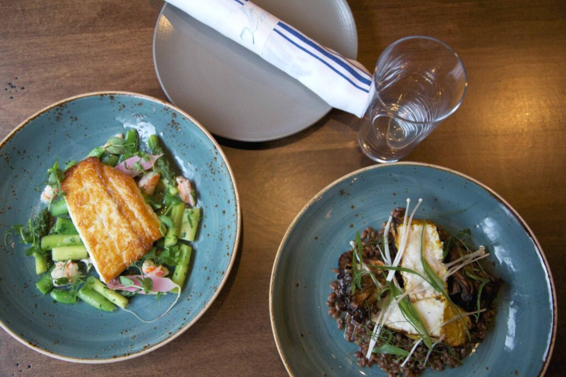 Gourmet Plated Dishes – Restaurant Food Photography Overhead food photography of two gourmet fish dishes plated in blue ceramic bowls with fresh vegetables and grains on a wooden table.