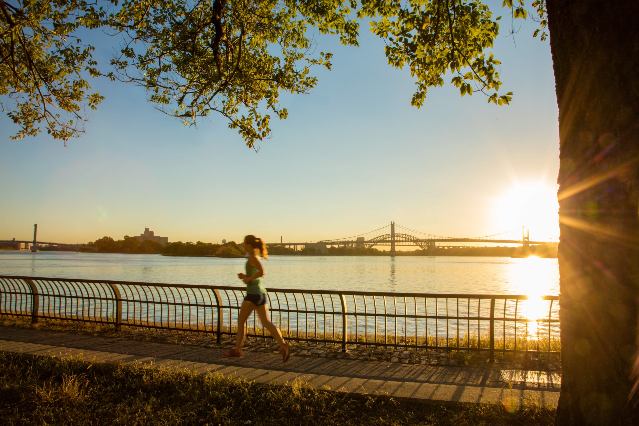 Lifestyle Branding Photography — Sunrise Runner Along Waterfront Path Lifestyle photo of a woman running along a waterfront path at sunrise, with a bridge in the background and warm golden light through the trees.